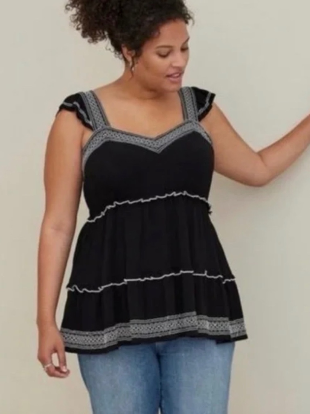 Embroidered Sweetheart Neck Tiered Crinkle Gauze Top - NEW - Never Worn